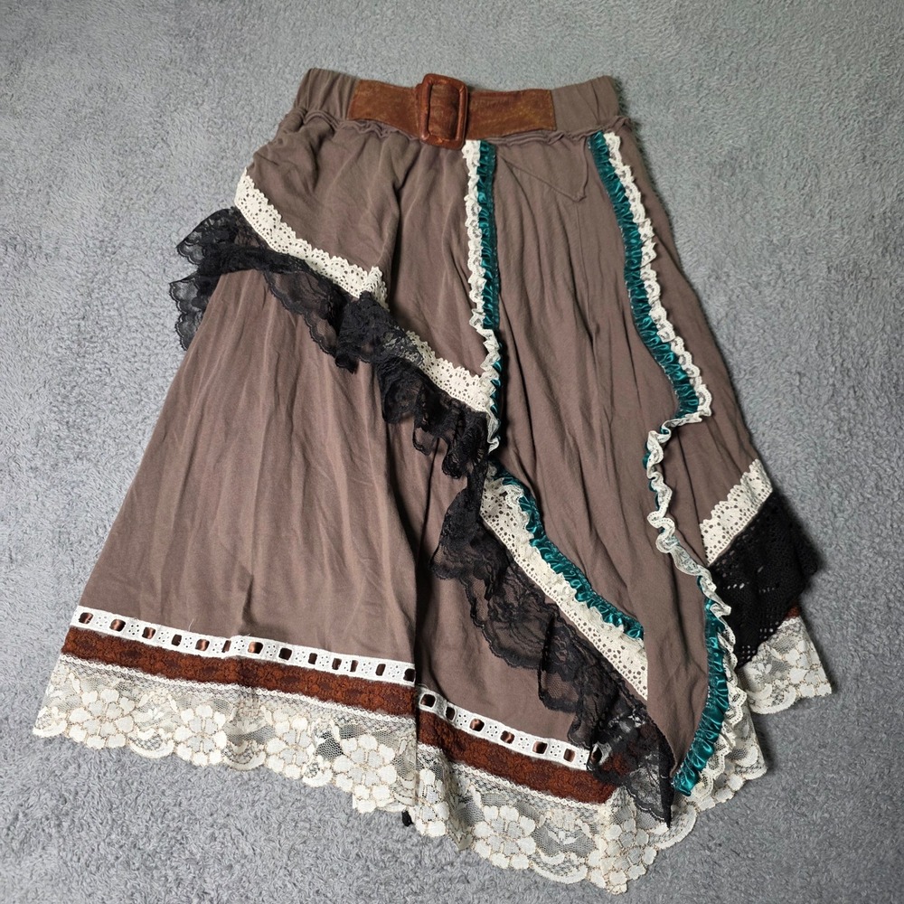 Xhilaration Womens Medium Midi Skirt Brown Lace Ruffle Boho Steampunk Asymmetric